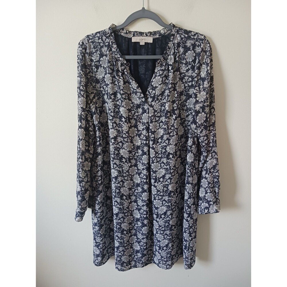 LOFT Paisley Sheath Dress Women M Navy Blue White V Neck Long Sleeve